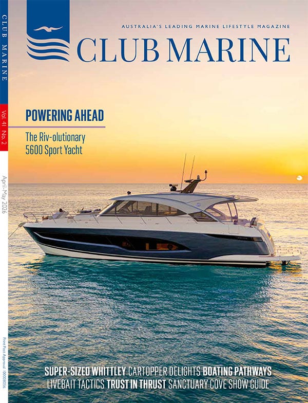 Image of Club Marine Magazine front cover with a Riviera cruiser yacht with a sunset behind