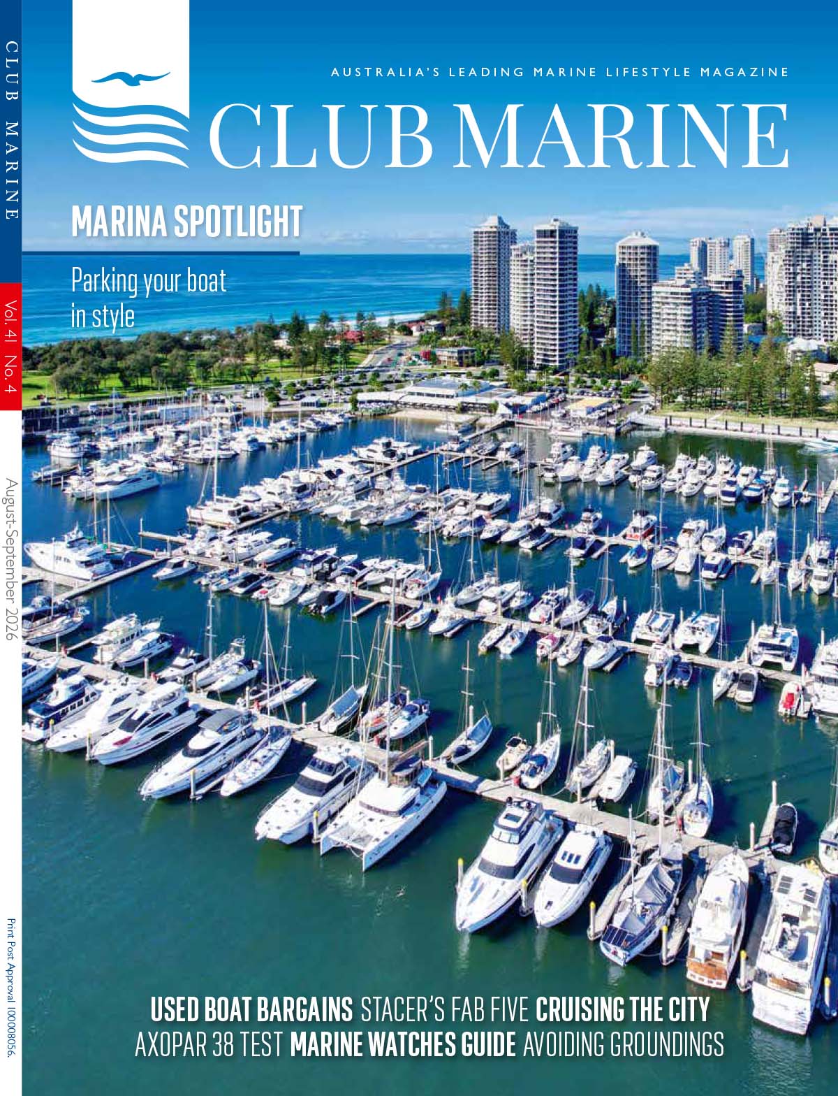 Image of Club Marine Magazine front cover of boats at a marina
