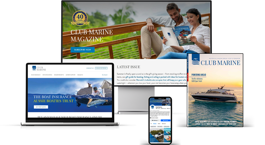 Image of Club Marine advertising options desktop computer, tablet, phone and magazine