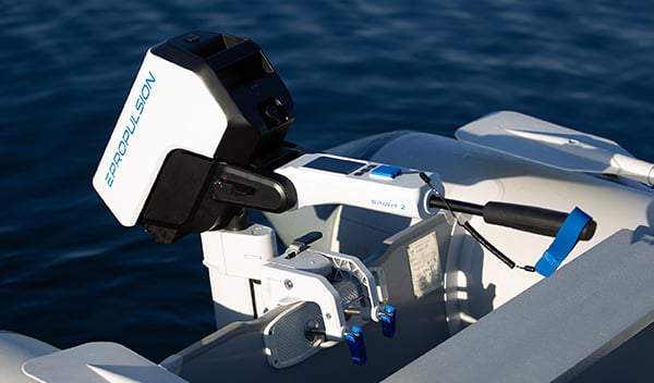 ePropulsion Spirit 2 electric outboard motor on inflatable boat