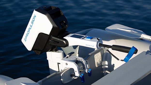 ePropulsion Spirit 2 electric outboard motor on inflatable boat