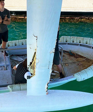 Damaged keel from whale strike